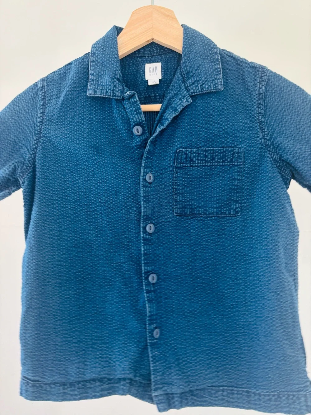 GAP Kids Indigo Textured Short-Sleeve Button-Down Shirt | 100% Cotton